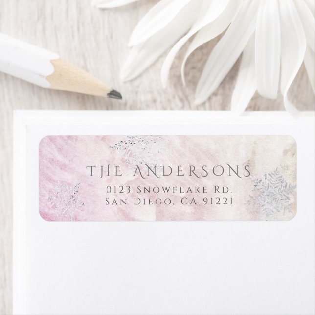 Frozen Winter Silver Snowflake Pink Return Address Label (Insitu)