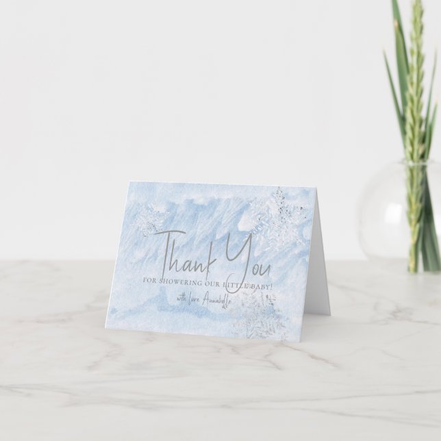 Frozen Winter Snowflake Blue Baby Shower Thank You Card (Front)
