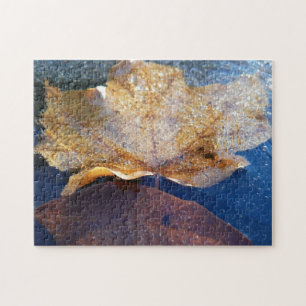 Frozen Yellow Maple Leaf Autumn Nature Jigsaw Puzzle