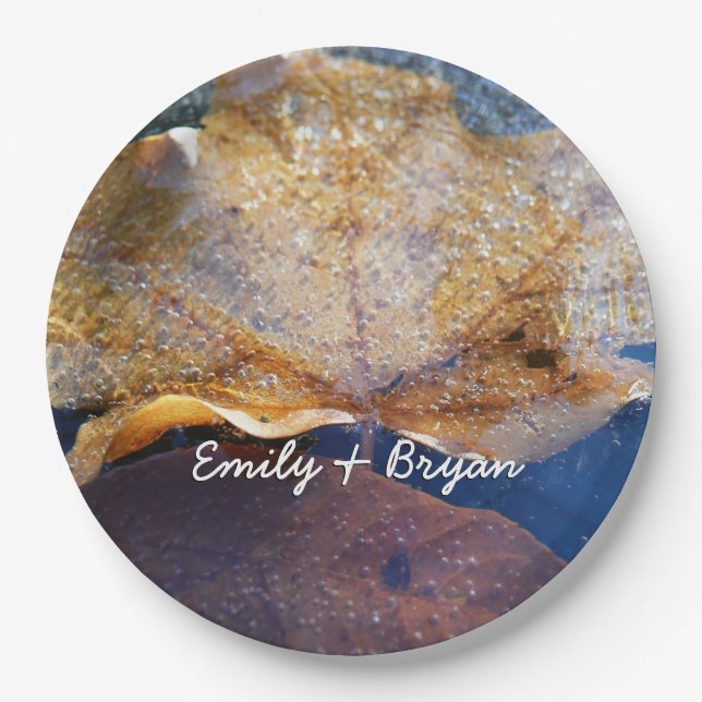 Frozen Yellow Maple Leaf Autumn Nature Paper Plate (Front)