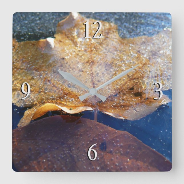 Frozen Yellow Maple Leaf Autumn Nature Square Wall Clock (Front)