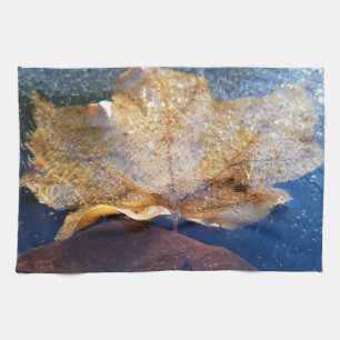 Frozen Yellow Maple Leaf Autumn Nature Tea Towel