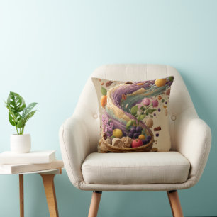 Fruit and Floral Basket Digital Art Illustration Cushion