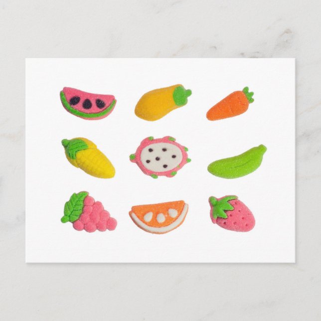 Fruit and vegetable shaped gummy candy postcard (Front)