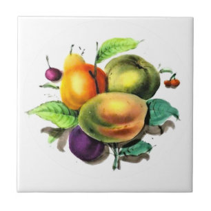 Fruit Art Pear, Green Apple, Plum Backsplash Ceramic Tile