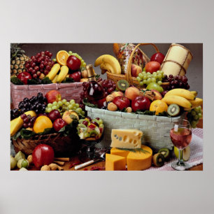 Fruit baskets, mixed fruit and cheeses poster
