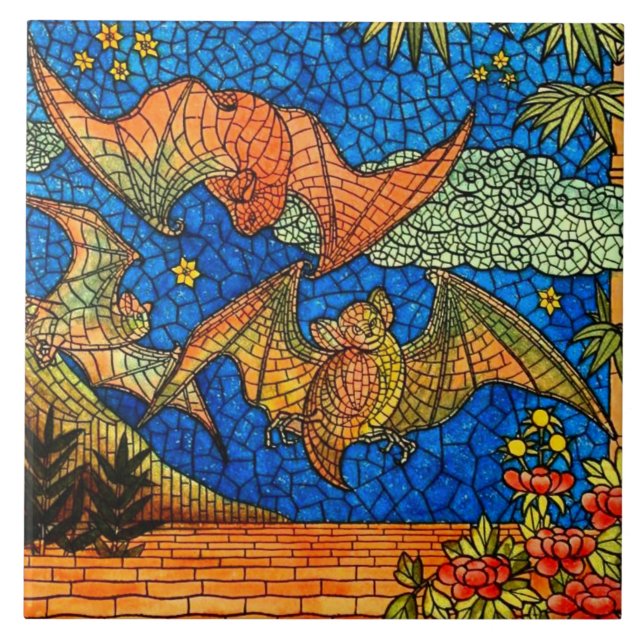 Fruit bat vintage Stained glass look mosaic Ceramic Tile (Front)