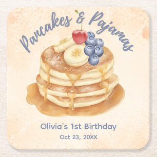 Fruit Blueberry Pancakes & Pyjamas 1st Birthday Square Paper Coaster