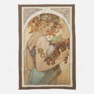Fruit by Alphonse Mucha, Vintage Art Nouveau Tea Towel