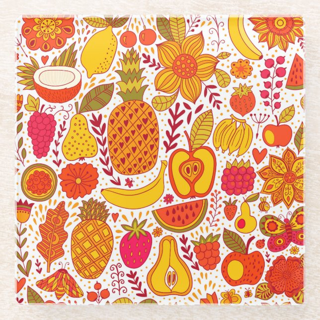 Fruit Doodles: Summer Vintage Pattern. Glass Coaster (Front)