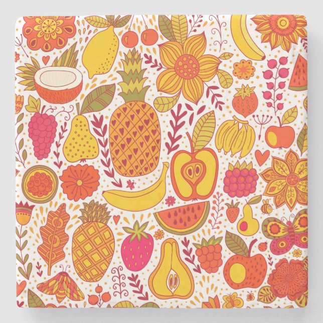 Fruit Doodles: Summer Vintage Pattern. Stone Coaster (Front)
