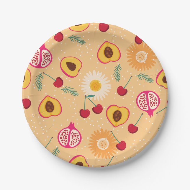 fruit floral cherry pomegranate peach daisy paper plate (Front)