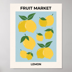 Fruit Market Lemon Print Vintage Food Art Blue