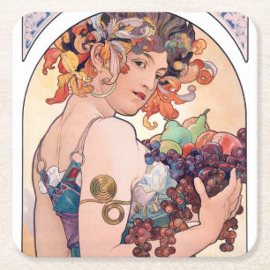 Fruit, Mucha Square Paper Coaster