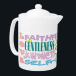 Fruit of the Spirit Teapot<br><div class="desc">A lovely typography design teapot featuring the list of the Fruits of the Holy Spirit from Galations 5:22-23 in soft colours accented with butterflies and floral details. Matching mug available!</div>