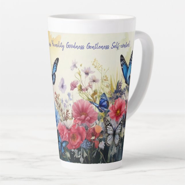 Fruit of the Spirit with Butterflies and Flowers Latte Mug (Right Angle)