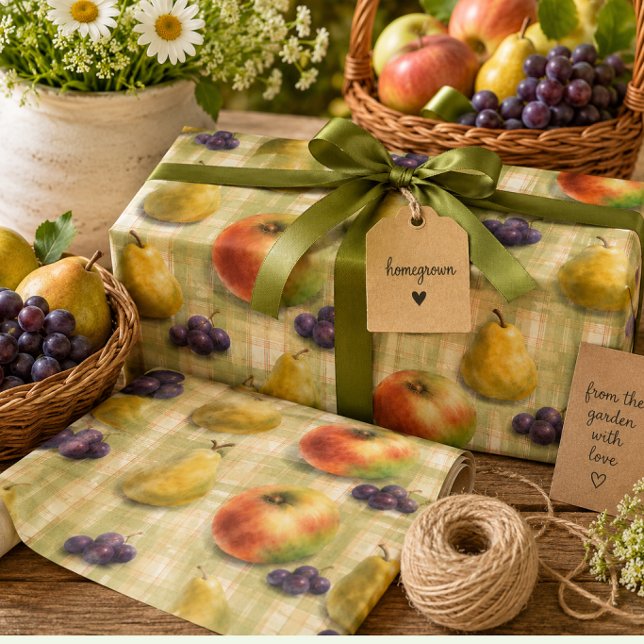 Fruit Pattern Gift Wrapping Paper Roll (Orchard harvest gift wrap for homemade gifts, preserves, baking, and kitchen gifting.)