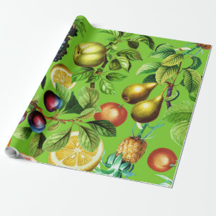 Fruit Pattern On Green Background Wrapping Paper