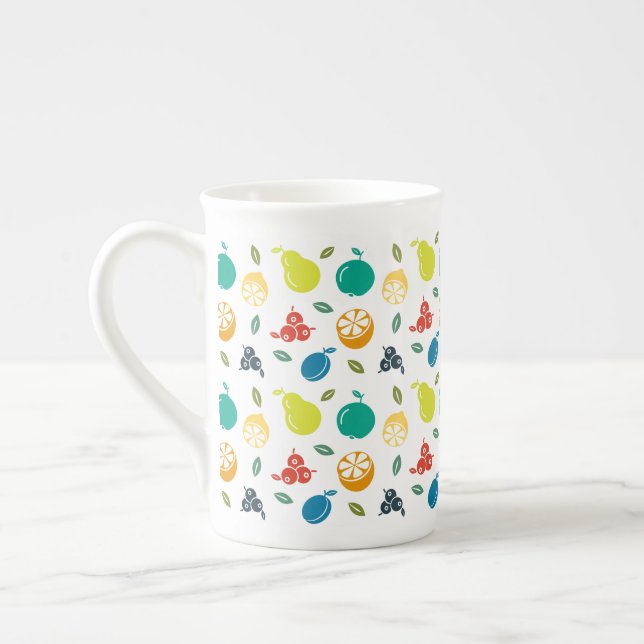 Fruit Pattern, Plum, Orange, Lemon, Pear, Apple Bone China Mug (Left)