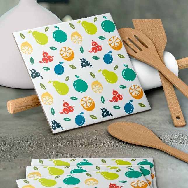 Fruit Pattern, Plum, Orange, Lemon, Pear, Apple Ceramic Tile (Creator Uploaded)