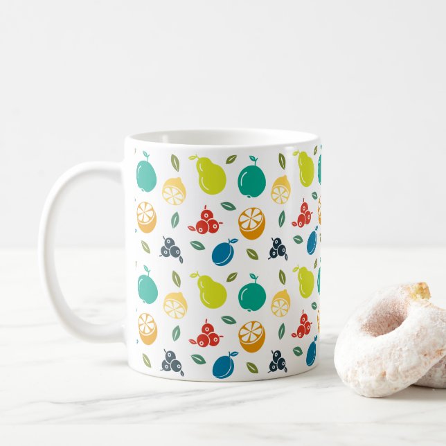 Fruit Pattern, Plum, Orange, Lemon, Pear, Apple Coffee Mug (With Donut)