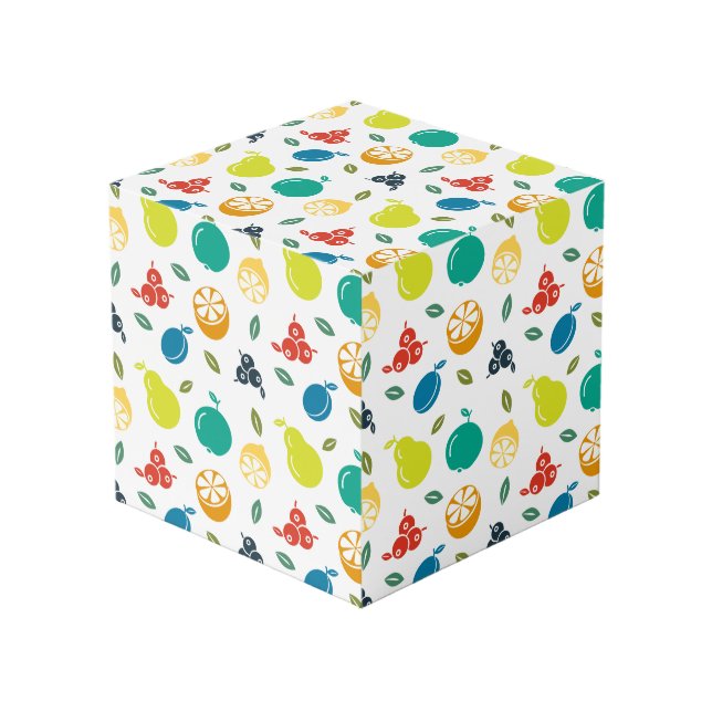 Fruit Pattern, Plum, Orange, Lemon, Pear, Apple Cube (Front Angled)
