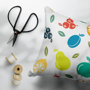 Fruit Pattern, Plum, Orange, Lemon, Pear, Apple Decorative Cushion