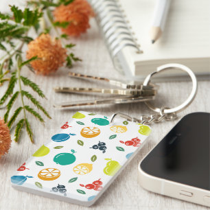 Fruit Pattern, Plum, Orange, Lemon, Pear, Apple Key Ring