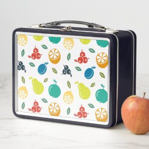 Fruit Pattern, Plum, Orange, Lemon, Pear, Apple Metal Lunch Box