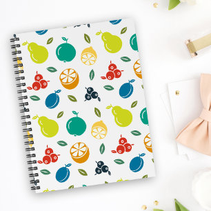 Fruit Pattern, Plum, Orange, Lemon, Pear, Apple Notebook