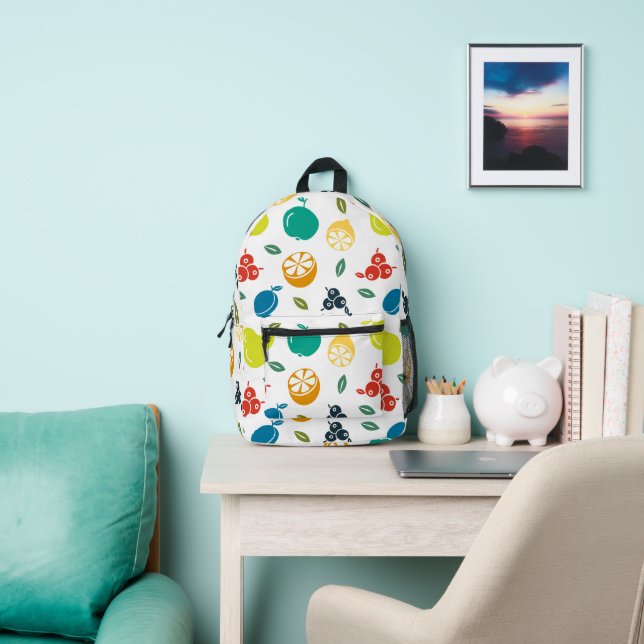 Fruit Pattern, Plum, Orange, Lemon, Pear, Apple Printed Backpack (Insitu)