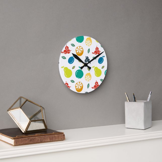 Fruit Pattern, Plum, Orange, Lemon, Pear, Apple Round Clock (Office)