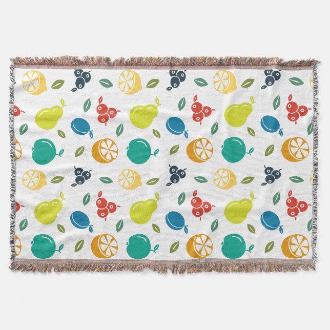 Fruit Pattern, Plum, Orange, Lemon, Pear, Apple Throw Blanket (Front)
