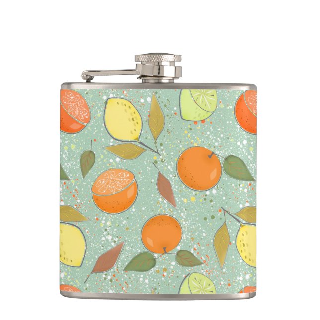 Fruit pattern with lemons, oranges hip flask (Front)