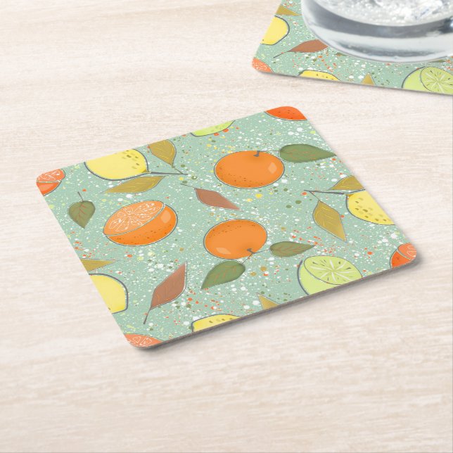 Fruit pattern with lemons, oranges square paper coaster (Angled)