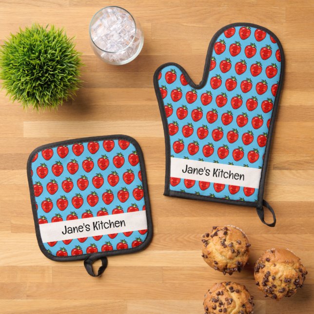 fruit red strawberry (name) oven mitt & pot holder set (Top Down)