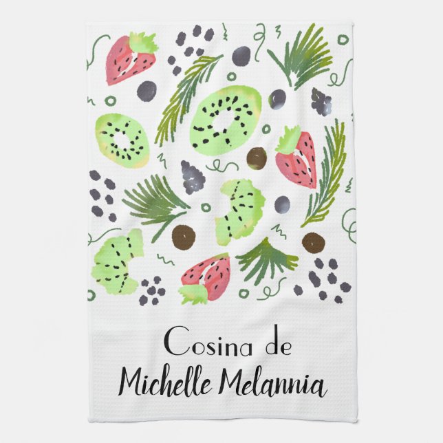 Fruit Salad Kiwi Watermelon Greenery Illustration Tea Towel (Vertical)