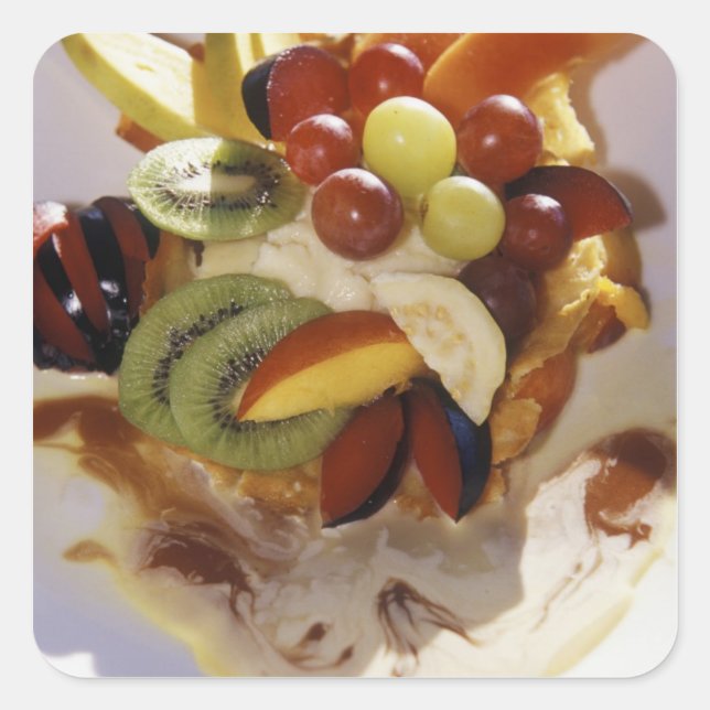 Fruit salad with ice cream. square sticker (Front)