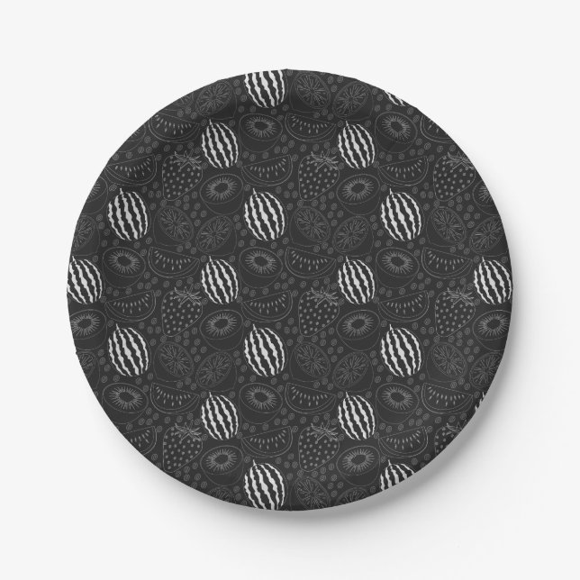 Fruit seamless pattern black and white Tropical Paper Plate (Front)