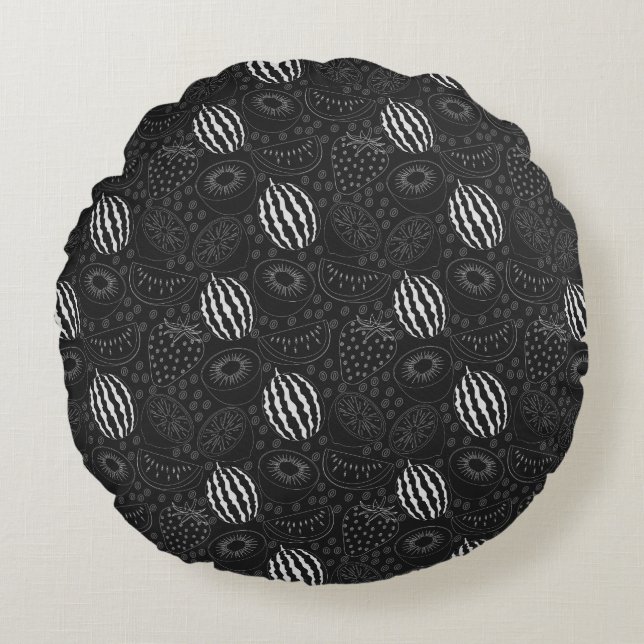 Fruit seamless pattern black and white Tropical Round Cushion (Front)