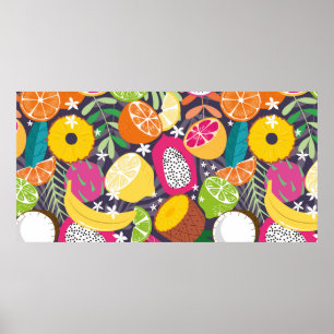 Fruit seamless pattern, collection of exotic tropi poster