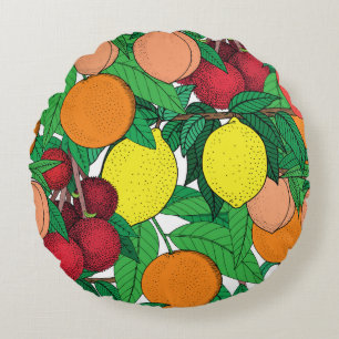 Fruit seamless pattern, hand drawn sketch, orange, round cushion