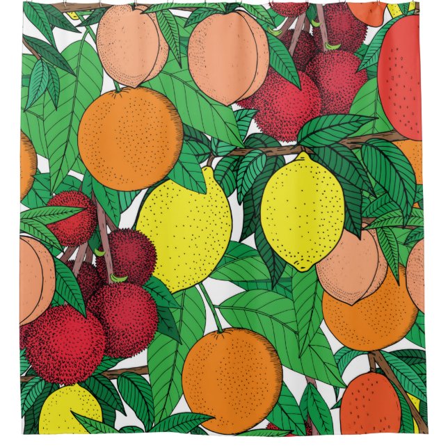Fruit seamless pattern, hand drawn sketch, orange, shower curtain (Front)