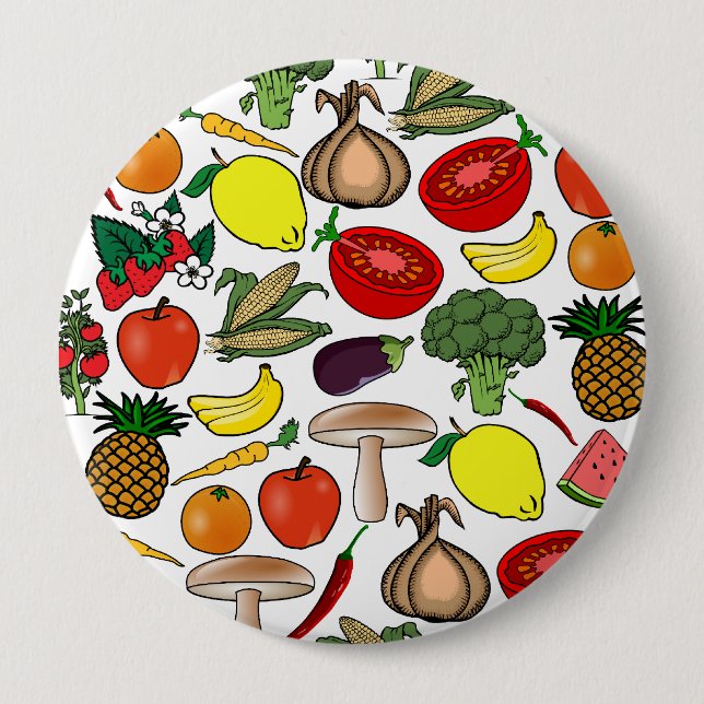 Fruit & veggies button, huge 10 cm round badge (Front)