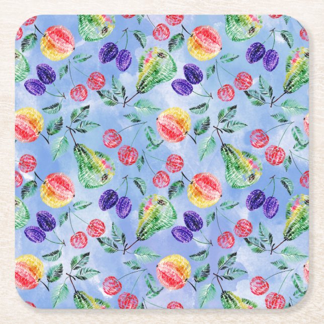 Fruits and berries. square paper coaster (Front)
