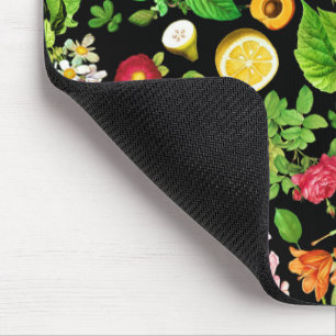 Fruits And Leaves Pattern On Black Mouse Pad