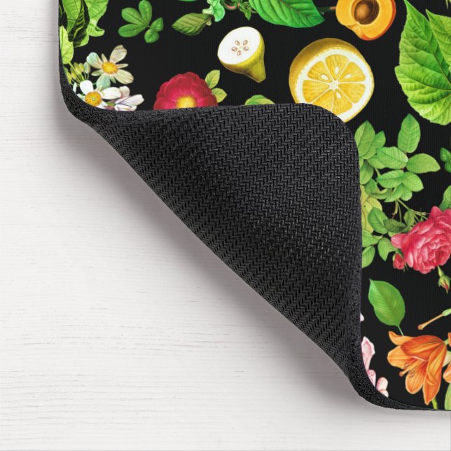 Fruits And Leaves Pattern On Black Mouse Pad (Corner)