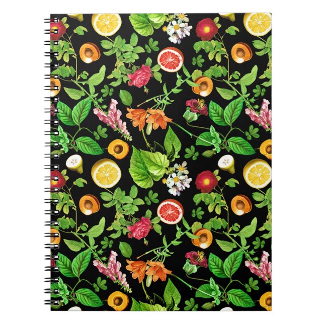 Fruits And Leaves Pattern On Black Notebook (Front)
