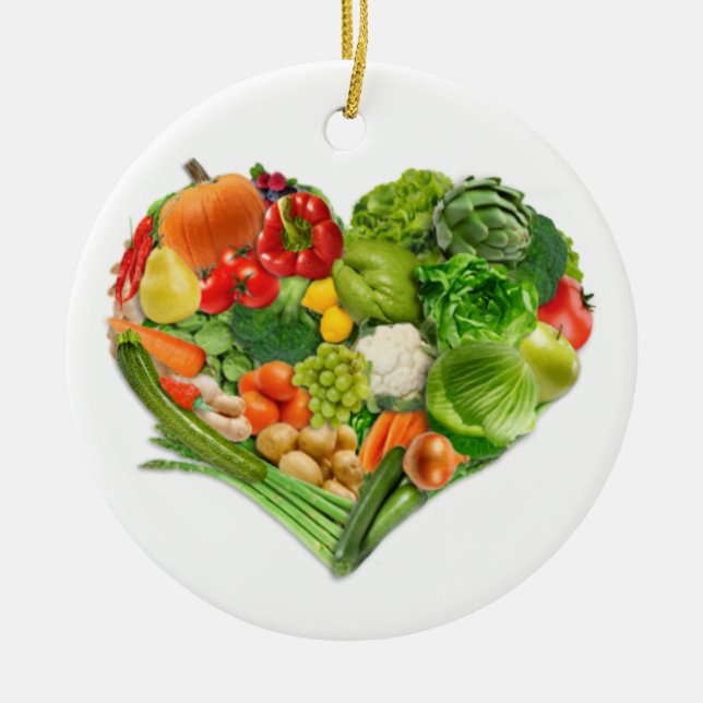 Fruits and Vegetables Heart - Vegan Ceramic Ornament (Front)