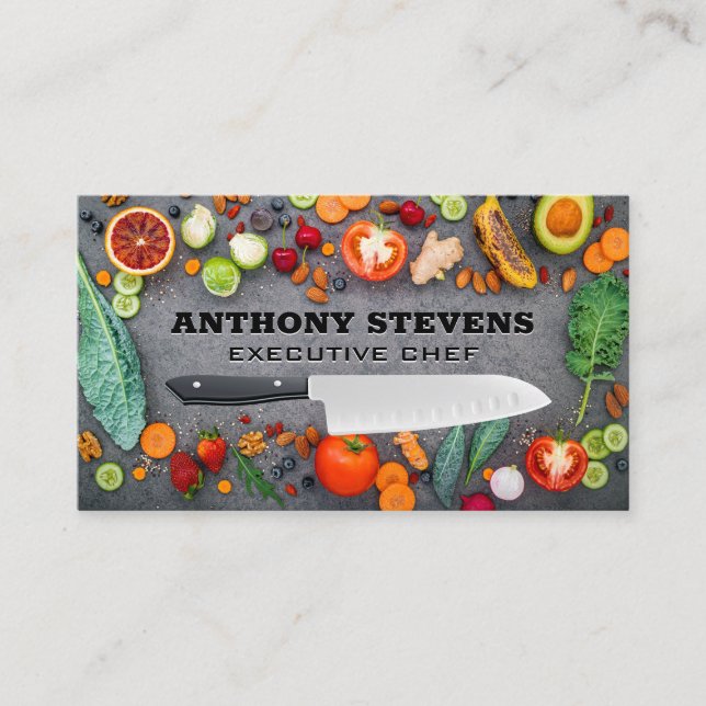 Fruits and Vegetables on Table | Chef Knife Business Card (Front)
